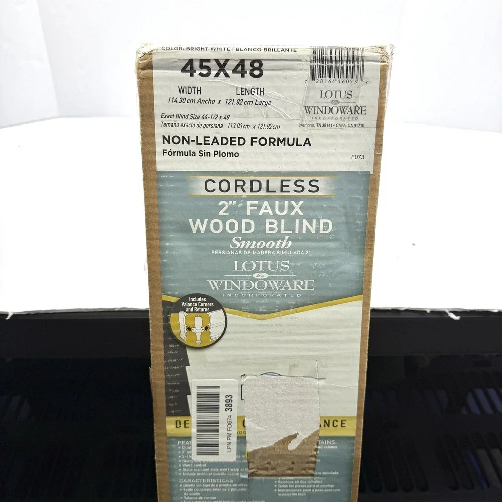 Lotus & Windoware Cordless 2in Faux Wood Blind 45x48 Bright White‎ Indoor Use